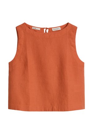 Ärmelloses, kurzes Oberteil aus burnt orangefarbenem Leinenstoff mit rundem Ausschnitt und kleinem Bindebandverschluss hinten.