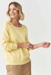 Pullover galben tricotat, cu tiv și manșete cu dungi, având un gât în formă de cerc larg. Modelul are părul ondulat de culoare castanie deschisă și poartă pantaloni bej.