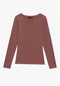 Long-sleeve, v-neck shirt in a mauve color. Made from a smooth, stretchy fabric. Features flat seams and a regular fit.
