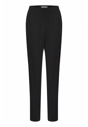 Svarta, lätta byxor med dragsko i midjan. Har en avsmalnande design och en mjuk textur. Lämpliga för avslappnat bruk eller lounging.