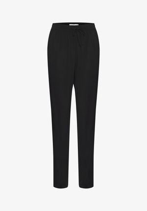 Black, lightweight pants with a drawstring waistband. Features a tapered design and smooth texture. Suitable for casual wear or lounging.