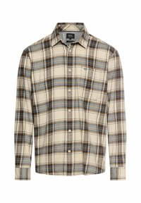 Lange mouwen shirt van beige katoen met een blauw en bruin geruit patroon; heeft een knoopsluiting aan de voorkant en een zak op de linkerborst.