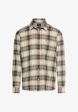 Lange mouwen shirt van beige katoen met een blauw en bruin geruit patroon; heeft een knoopsluiting aan de voorkant en een zak op de linkerborst.