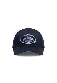 Mørkeblå baseball cap med en brodert hvit logo som har en skyline, teksten "International Sporting Goods" og året 2011.