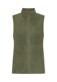 Gilet in pile verde oliva con colletto alto e zip completa. Texture liscia, taglio dritto e tasche laterali. Senza maniche, design leggero.