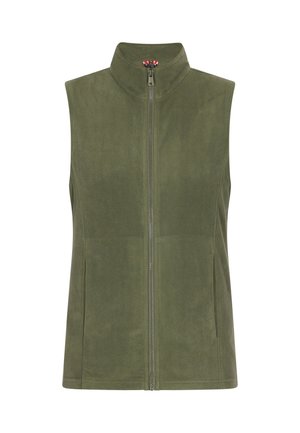 Oliivivihreä fleece-vesti, jossa on korkea kaulus ja täysi vetoketju. Sileä pinta, suora leikkaus ja sivutaskut. Hihaton, kevytrakenteinen malli.