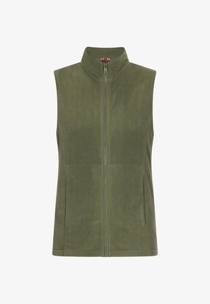 Kamizelka polarowa w oliwkowym kolorze z wysokim kołnierzem i pełnym zamkiem. Gładka tekstura, prosty krój i kieszenie boczne. Bez rękawów, lekkie wykonanie.