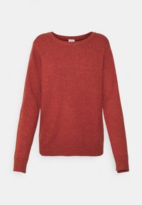 Pitkähihaista, pyöreäkauluksista neulepaitaa, poltetun oranssin väristä, jossa on ribattu hihansuut ja helmakaulus, esillä yksinkertaista vaaleaa taustaa vasten.