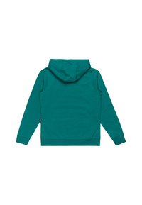 Sudadera verde azulado con capucha ajustable, mangas largas y puños acanalados. Hecha de un tejido suave, con una textura lisa y sin logotipos visibles.