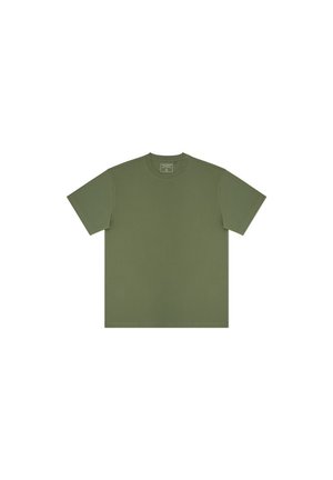 Oliwkowa koszulka z krótkim rękawem, wykonana z bawełny, z okrągłym dekoltem i luźnym krojem. Gładka tekstura, minimalistyczny design, bez wzorów.