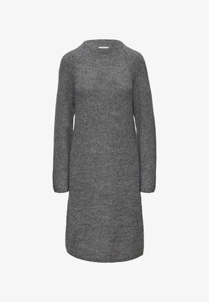Graues Strickkleid mit lockerer Passform, Rundhalsausschnitt und langen Ärmeln. Es hat ein strukturiertes Muster und reicht bis zur Oberschenkelmitte.