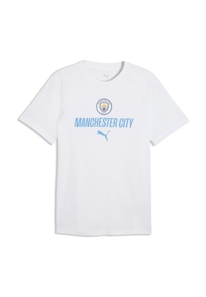 T-shirt blanc à manches courtes avec le logo de Manchester City, texte bleu clair "MANCHESTER CITY" et logo Puma bleu centré à l'avant.