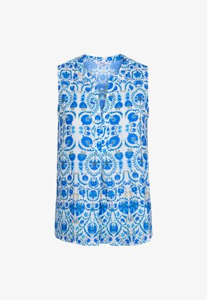 Mouwloze blouse van lichtblauwe stof met ingewikkelde donkerblauwe bloemenpatronen en gouden accenten; heeft een V-hals en een ontspannen pasvorm.