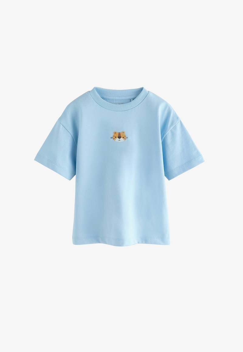 Világoskék rövid ujjú ing bordázott környakkal, középen egy kis hímzett rajzfilm tigrisarc díszíti a mellrészt.