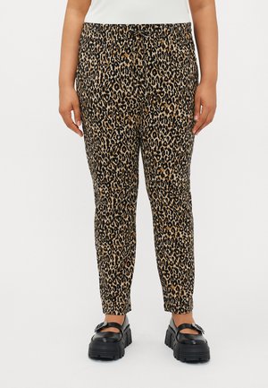 Pantaloni cu imprimeu leopard în nuanțe de maro și negru, design conic, cu talie elastică și detaliu discret de șnur.