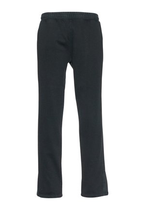 Pantaloni de sport negri cu un elastic la talie, design cu picior drept și material moale. Tivurile au o finisare simplă și curată.