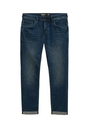 Jeans in denim blu scuro con vestibilità regolare, dotati di cinque tasche, una classica chiusura zip e orli arrotolati con un rivestimento interno a contrasto.