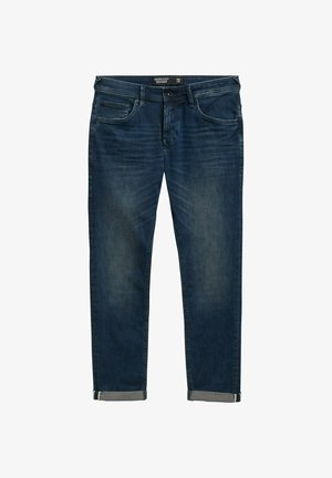 Dark blue denim jeans with a regular fit, featuring five pockets, a classic zip fly, and rolled cuffs with a contrasting inner lining.