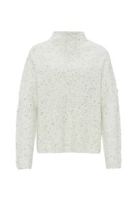 Hellgrauer Pullover mit hohem Kragen, strukturierter Strickart und verstreuten blauen Sprenkeln. Lange Ärmel und entspannte Passform.
