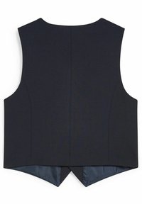 Navy vest with a sleeveless design, featuring a back slit and smooth fabric texture. Simple, tailored shape with clean lines.
