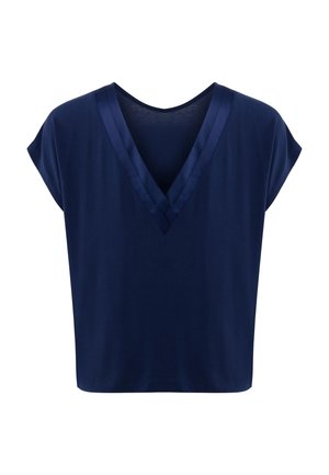 Marineblauw kortärmlig top met brede V-hals en dubbele zoom rond de halslijn, losse pasvorm, effen zonder patronen of logo's.