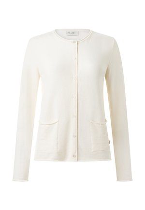 Hvid cardigan med lange ærmer, knapper, to forlommer og rund halsudskæring.