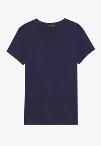 Navy blue cotton t-shirt with a round neckline and short sleeves. Features a stitched hem and a label at the neckline.