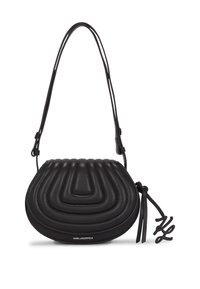 Borsa a tracolla in pelle nera con motivo a onda trapuntato, cinturino sottile e dettaglio decorativo con fiocco sul lato. Presenta il logo sulla parte anteriore.