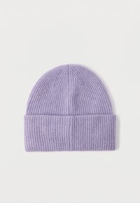Purple beanie hat made of ribbed knit material. Features a folded cuff at the bottom and a rounded top. Soft texture.