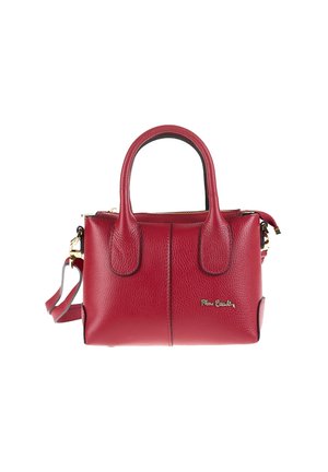 Rode leren handtas met twee korte handvatten, een afneembare schouderriem en een ritssluiting. Heeft een textuur oppervlak en gouden logo-accent.