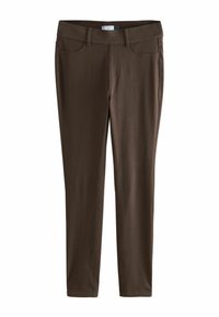 Pantaloni marroni aderenti con una texture liscia, dotati di tasche anteriori e un design della vita classico. Adatti per un abbigliamento casual.