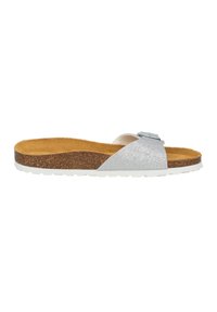Silver metallic slide sandal with a textured upper, cork midsole, and rubber outsole. Features a single strap with a simple buckle detail.