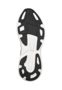 Černá gumová podrážka s unikátním vzorem, bílá mezipodešev a růžové akcenty. Obsahuje drážky a výřezy pro flexibilitu a trakci.