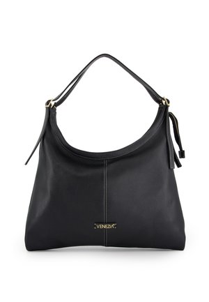 Black leather hobo bag with a smooth texture, gold hardware accents, a top handle, and a subtle logo design on the front.