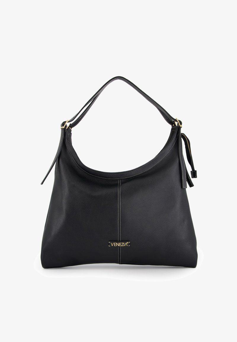 Zwarte leren hobo tas met een gladde textuur, gouden hardware accenten, een bovenhandvat en een subtiele logo-ontwerp aan de voorkant.
