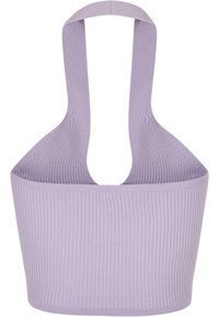 Fialový žebrovaný crop top s širokými ramínky a hlubokým výstřihem, který má hladkou texturu a přiléhavý střih.