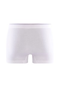 Valkoiset puuvillabokserit, joissa on pehmeä vyötärönauha, jossa on kontrastiväri. Sileä pinta, suunniteltu mukavuutta ja joustavuutta varten.