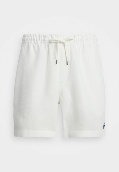 Λευκές λινές βερμούδες με ελαστική μέση και κορδόνι, που διαθέτουν ένα μικρό ναυτικό λογότυπο στην αριστερή πλευρά. Απαλή υφή, κα casual σχεδίαση.