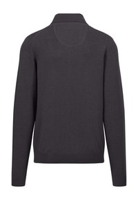 Dunkelgrauer Pullover mit einem strukturierten, gerippten Kragen und Bündchen. Verfügt über lange Ärmel und eine glatte Stoffoberfläche. Rückansicht sichtbar.