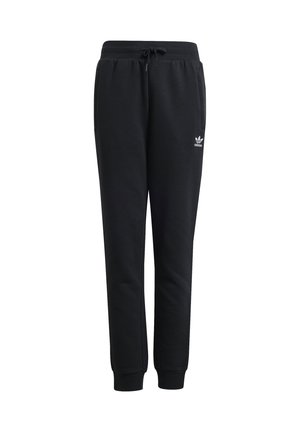 Czarne spodnie dresowe Adidas z elastycznym pasem, sznurkiem, bocznymi kieszeniami, prążkowanymi ściągaczami przy kostkach i małym białym logo na lewym udzie.