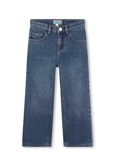 Jean en denim bleu foncé avec une coupe droite, poches avant, et fermeture à bouton à la taille. Coutures résistantes le long des coutures.