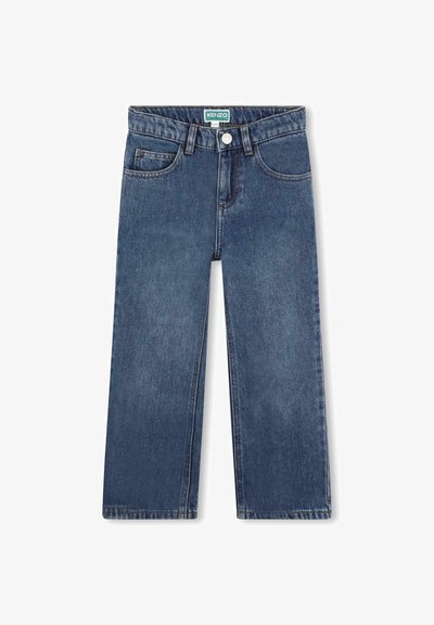 Jean en denim bleu foncé avec une coupe droite, poches avant, et fermeture à bouton à la taille. Coutures résistantes le long des coutures.