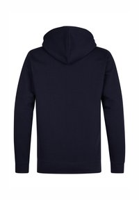 Navyblaues Kapuzenshirt aus weichem Stoff, mit einer Kordelzugkapuze, langen Ärmeln und einem gerippten Saum an den Ärmeln und der Taille.