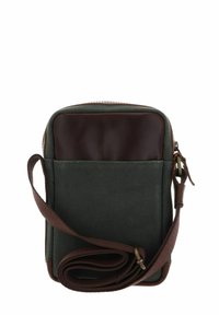Sac bandoulière en toile vert foncé avec un dessus en cuir marron et une touche décorative, doté d'une longue sangle et d'une fermeture zippée.