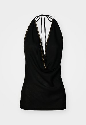 Black halter top with a deep V-neck, featuring gold accents along the neckline. Made of lightweight fabric with a draped design.