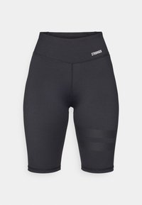 Schwarze hoch taillierte Sportshorts aus einem glatten Material mit einem elastischen Bund und gestreiften Akzenten an den Seiten. Logo am Bund.