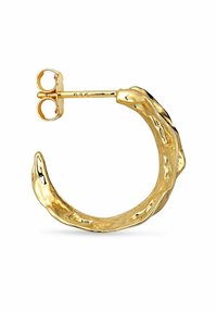 Gold hoop earring with a textured, wavy design. Features a post and clasp closure. Surface has a shiny finish, reflecting light.