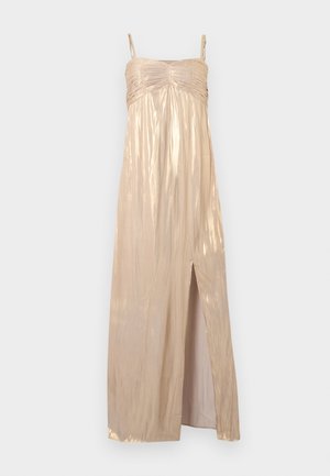 Λαμπερό μπεζ σατέν βραδινό φόρεμα με ραμπούσαν μπούστο, λεπτές τιράντες, φούστα μέχρι το πάτωμα και σκίσιμο μπροστά στη δεξιά πλευρά.