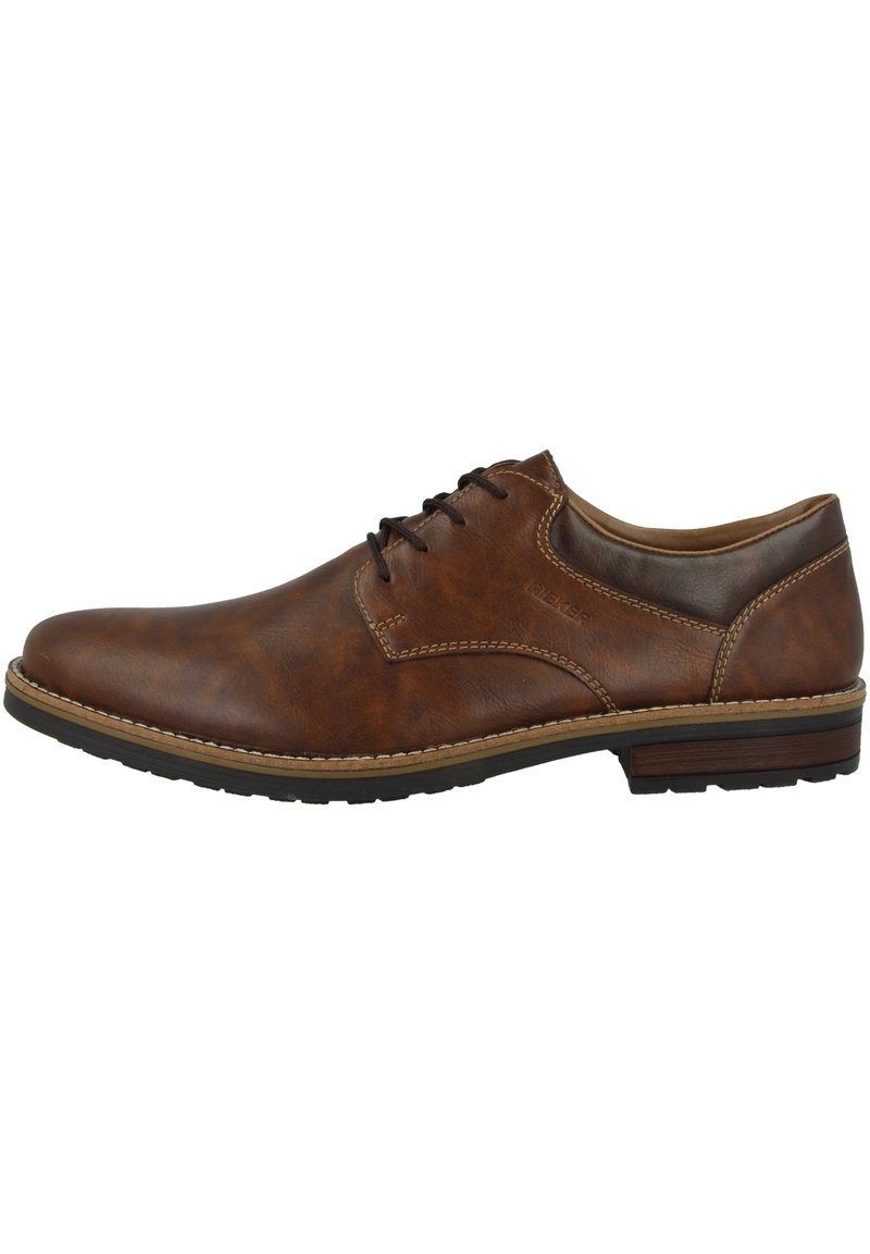 Scarpa stringata in pelle marrone con finitura liscia, punta rotonda, cuciture a contrasto e suola in gomma con un leggero tacco.