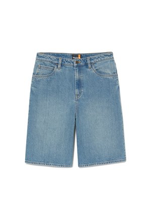 Niebieskie szorty dżinsowe do kolan z przednimi kieszeniami, szlufkami na pasek oraz logo Timberland na pasku od spodni.